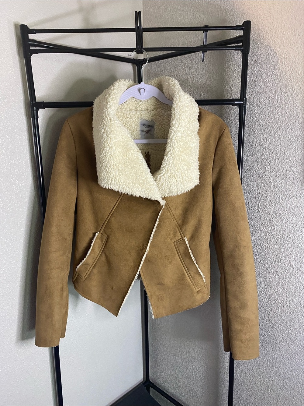 Guess Tan Teddy Faux Suede Jacket with Cream Sherpa Collar